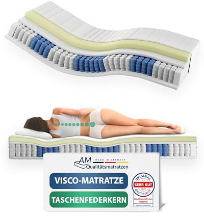 AM Qualitätsmatratzen Visco-Taschenfederkernmatratze 160x200cm H2 24cm - Made in Germany & Oeko TEX Siegel - 7 Zonen Viscoschaum Federkernmatratze 160x200 mit 480 Federn & Lyocell Bezug