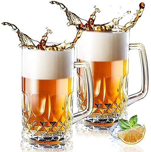 Momugs 32 Ounces Beer Stein Mugs - 2 Pack Extra Large German Style Clear Tall Beer Glasses for Men - Heavy Duty Thick Glass With Handle