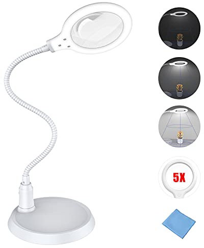 Dimmable Magnifying Lamp,5X Large Hands Free Magnifying Glass with Light and Stand for Reading Workbench Artist Hobbies