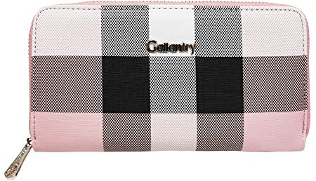 Gallantry Portefeuille Long Tout-en-Un Femme Carreaux Multicolore - Wallet Compagnon Grand Format Zippé - Porte-Cartes Monnaies Multifonction - Chic Stylé - Rose Noir