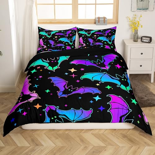 Halloween Bat Bedding Set King Size Glitter Stars Galaxy Comforter Cover for Kids Child,Christmas Duvet Cover Halloween Home Decor Teal Blue Green Purple