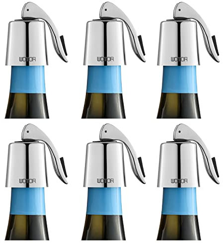 WOTOR Weinverschluss Edelstahl WeinFlaschenverschluss Wiederverwendbar Auslaufsicher hält Wein frisch (6 Stück,Silber)