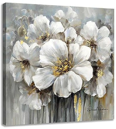 Blumen Bilder auf Leinwand – Weiße Blumen mit Gold für Schlafzimmer Badezimmer Dekor gerahmt 30,5 x 30,5 cm