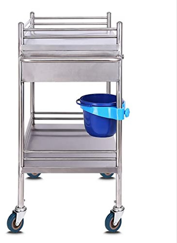 MERTNK Bewegliche Sackkarren Labor-Servierwagen, Rollwagen, Mobiler Wagen, Rollwagen Aus Edelstahl, Zweistöckiger Laborwagen (1 Mülleimer, 2 Schubladen), Mit Universalrad, Für Laborgeräte, Max. Bela