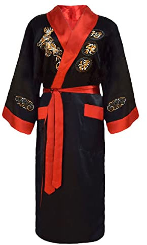 Bon amixyl Peignoir Unisexe Kimono Japonais Chinois Dragon Pyjama Cardigan Kimonos Robe de Chambre en Satin Peignoir Rouge XXL