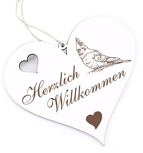 Herzlich Willkommen Schild - Nymphensittich - Deko Herz Holz Willkommensschild Türschild Dekoschild Türdeko