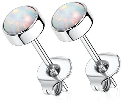 AROWRO 1 Paar Ohrstecker aus Titan in Implantatqualität, hypoallergen, 4 mm, Opal-Silberohrringe für Frauen, Mädchen, für Männer, für empfindliche Ohren