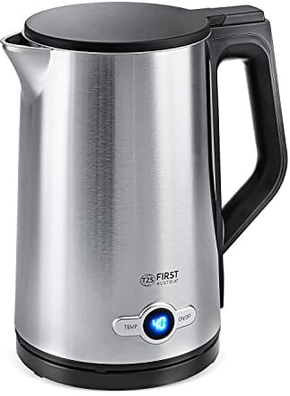 TZS First Austria Edelstahl Wasserkocher 2200W, 1,7 L, Temperatureinstellung 60-100 Grad, Warmhaltefunktion, Kalkfilter, verdecktes Heizelement, LED Beleuchtungsfarbe