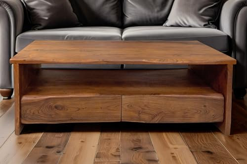 SAM Couchtisch Dahlia I, Sofatisch mit Ablage & 2 Schubladen, Akazienholz massiv + nussbaumfarben + lackiert, Beistelltisch mit echter Baumkante, 130x70x45 cm