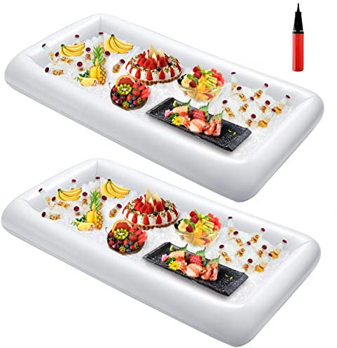 HBlife 2 PCS Inflatable Serving Bar, Salad Ice Tray Food Drink Containers with Drain Plug and 1 Hand Air Pump, Inflatable Buffet Cooler for Outdoor Party Supplies