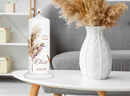 wolga-kreativ moderne Kerze zur Taufe Kommunion Konfirmation Geburt Taufkerze 25 cm x 8 cm Boho Blumen Gras Maria für Mädchen Jungen personalisiert Name Datum Taufspruch