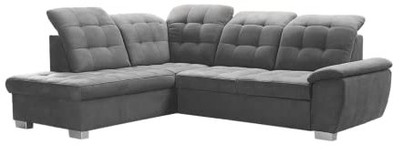 DomiMeble Ecksofa Lotta 258 x 212 x 108 cm - modernes Sofa, bequem mit hochelastischem Schaumstoff, mit Bettkasten, mit Schlaffunktion, angenehm anzufassendes Veloursmaterial (Linke Seite, Grau)