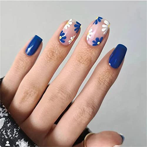 24pcs Royal Blue White Flowers Fake Nail Full Cover Square Short Press on Nails with Glue for Women and Girls Nail Art Manicure Decoration