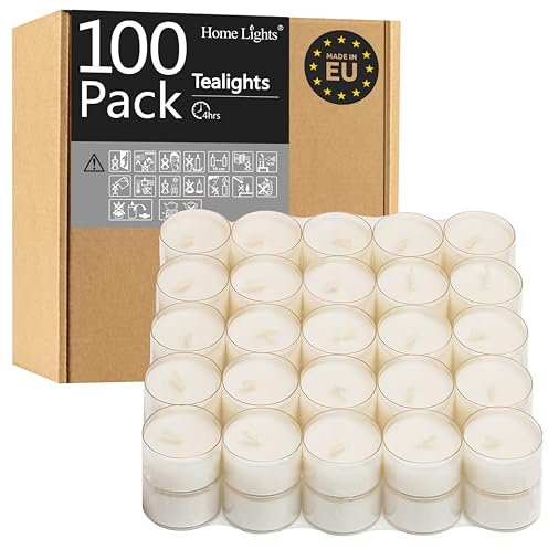 Home Lights Tealight Candles, Giant 100,200,300 Bulk Packs, White Unscented European Smokeless Clear Cup Tea Lights for Shabbat, Weddings, Christmas, Home Decorative- 100 Pack