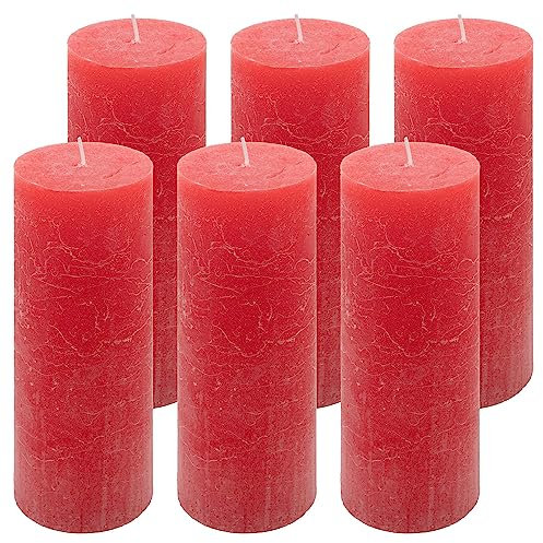 Rustik-Kerze Höhe 20 cm Ø 7,5 cm lange Brenndauer Rund-Kerze Säulenkerzen Kerzen-Deko Tafelkerzen Weihnachts-Kerzen Hochzeits-Deko (rot, 6)