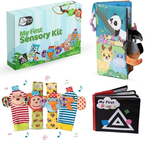 GreatDreams® Hochets pour Pieds et Poignets (4 pcs) - Livre Sensoriel Doux et Livre Souple avec Formes - Jouets pour Bébés - Cadeaux pour Bébés.