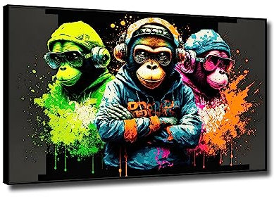 NOLLAM Bild auf Leinwand AFFE-Tier Bilder Graffiti Leinwand Gemälde Wandkunst Tiere Poster Und Kunstdrucke-3 weise Swag-Affen Wandbilder Für Wohnzimmer Dekoration60x90cm 24x35Schwarzer Rahmen