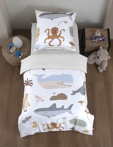 Bettwäsche Kinder Mako Satin Kinderbettwäsche Set aus 100% Baumwolle Aymando | 1x Bettbezug 135x200cm, 1x Kissenbezug 80x80cm | Saum und Reißverschluss goldfarben | Ocean