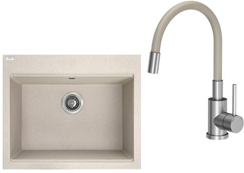 VBChome Spülbecken mit Armatur 60 x 50 cm Beige Einzelbecken Granit Rechteckig Einbauspüle Gesprenkelt Großes Tiefes Becken Siphon Spüle Beige mit Armatur Beige