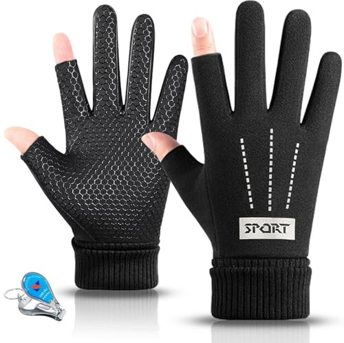 KXF Winter Warm Fingerless Gloves For Men Women Windproof Thermal Gloves with Thick Velvet Liner Lengthen Knit Cuff Fingerless Touchscreen Gloves Handwarmers Mittens For Cycling Running (Black-1)