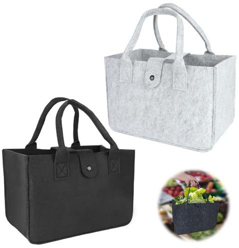 HEDMON 2 Stück XXL Filztasche Shopper Einkaufskorb 39 x 26 x 20 CM Shopper Faltbar Einkaufstasche Filztaschen Shopper Beige Grau Filztaschen Damen für Lebensmitteleinkauf Aufbewahrung Hause