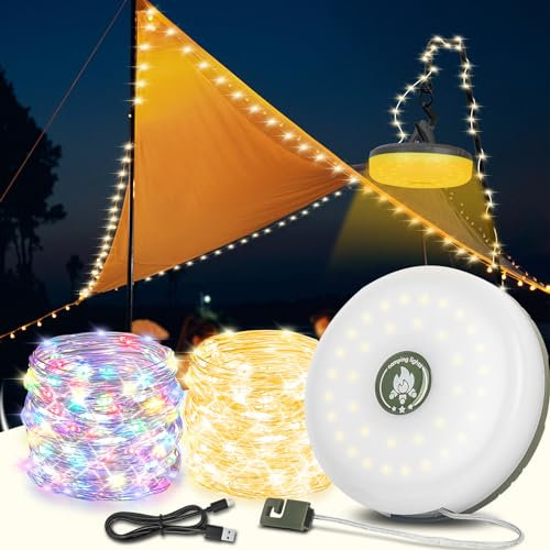 Withosent Camping Lichterkette Aufrollbar, 10M Wasserdichte Tragbare LED Verstaubare Lichterkette für den Außen mit 8 Modi, Campinglampe über USB mit Haken, Außenlichterketten für Camping und Wandern