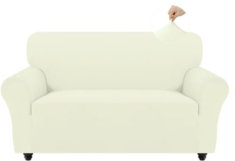 Easy-Going Stretch Sofa Überzug 2 Sitzer, Rutschfester Sofabezug für Hund Katze, Waschbarer Fleece Couch Überzug Bezug, Weicher Küchensofa Couch Cover, 1 Stück Sofaschoner mit Armlehnen, Elfenbein