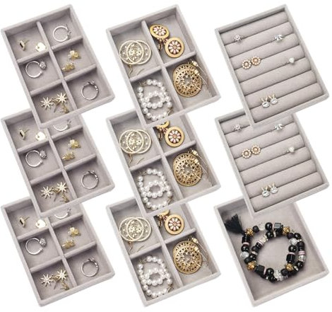 Nwvuop 9 Pack Jewellery Organizer Tray, Stackable Velvet Small Jewellery Trays for Drawer, Mini Jewelry Drawer Organiser Earring Organiser 4.92× 3.74× 1 inches(Grey)