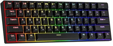 Newmen GM610 60 Prozent Tastatur kabellose mechanische Gaming-Tastatur Bluetooth NKRO mit extra Tastenkappen-Set,RGB-Hintergrundbeleuchtung Mechanical Keyboard (Schwarze Tastenkappe – Red Switch)