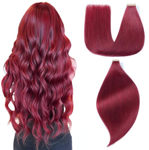 EINbeauty Tape Extensions Echthaar 20pcs Extensions Echthaar 60cm 50g Burgunderrot Tape In Extensions Echthaar Invisible Echthaar Extensions Tape Glatt Haarverlängerung Für Frauen(24inch,99J#)