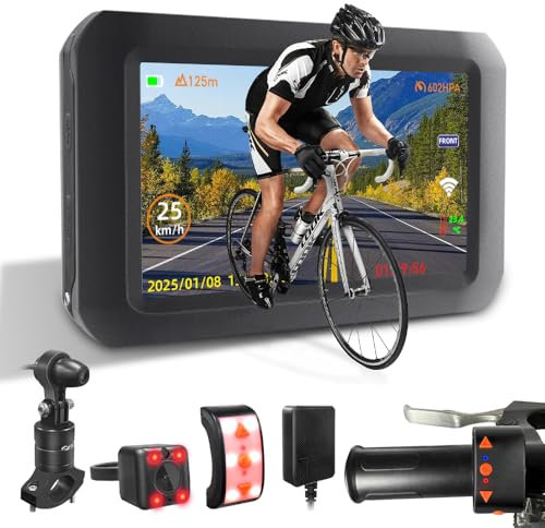 VSYSTO Bicycle Rear View Camera, WiFi GPS 4 Inch Screen HD 1080P Selfie and Rear Camera Waterproof Handlebar Wired Controller Bike Mirror, Assisted Driving Mode, Temperature and Calorie Display