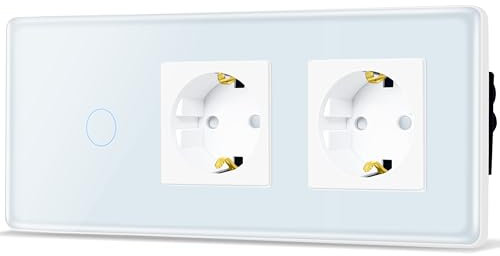 TAWOIA Touch Lichtschalter mit Steckdose,EU Standard 2 Fach Steckdose 1 Fach 1 Wege Unterputz Lichtschalter mit 2.5D Curved Glas Platte 86 * 228mm Weiß