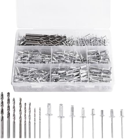 ONEVAN 480tlg Blindnieten und 8tlg HSS Bohrer, 8 Größen Aluminium Popnieten Sortiment, 2.4mm/3.2mm/4.0mm/5.0m Blindnieten, mit Fächeraufbewahrungsbox