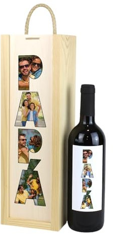 Botella de Vino Personalizada con Fotos Papá Caja Regalo Día del Padre Cumpleaños (3 Botellas + Caja Regalo)