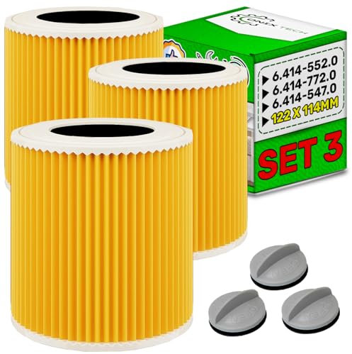 ONIX TECH 3 Piezas Cilíndrico Filtro Aspirador Ø 122 mm para Limpieza Húmeda/Seca con Código Original 6414-5520 6414-7720 6414-5470 para Kärcher Aspirador Industrial - Garantía de 10 Años