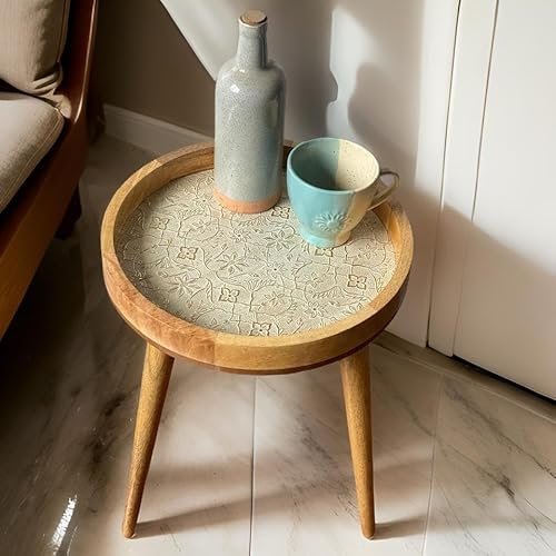 Hartsmede Mango Wood Side Table – Handmade 85% Artisan Small Coffee Table – 38cm Enamel Top – Resin-Coated – Two Heights: 18 or 24 – Lightweight & Strong – Living Room or Bedroom (Ivory, Tall 24)