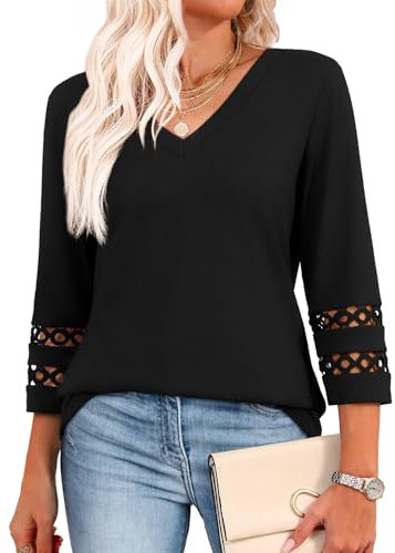 Aokosor Womens Tops 3/4 Length Sleeve Blouses Ladies V Neck T Shirts for Women UK Loose Casual Fit Size 14-16 Black