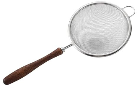 Passoire à mailles fines pour la cuisine – Écumoire à main réutilisable en acier inoxydable avec manche en bois | Passoire multifonction pour le thé, la cuisine, le lavage du riz, la friture, le match