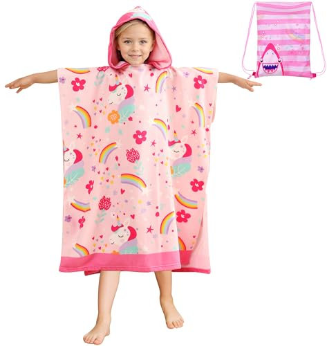 FILOWA Badeponcho Kinder Mikrofaser Badetuch Strand Badehandtuch mit Kapuze Groß Handtuch Poncho Rosa Einhorn Strandtuch 75 * 180cm Kapuzenhandtuch Saugfähig Handtücher für 6-15 Jahre Jungen Mädchen