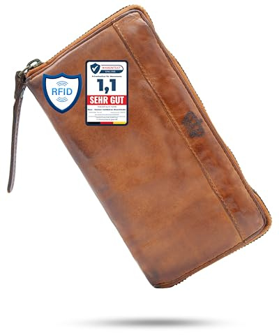 Baur - Damen Geldbörse groß Waschleder RFID-Schutz (Glatt, Cognac) | Portemonnaie im Used-Look, 12 Kartenfächer, Rundumreißverschluss aus Metall, extra weiches Leder
