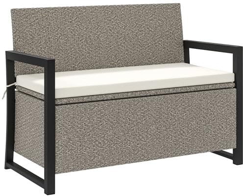 Outsunny Divano da Esterno a 2 Posti in Rattan con Contenitore da 151.5L, Cassapanca da Esterno con Braccioli e Schienale, Panchina da Giardino con Cuscino Lavabile, Crema