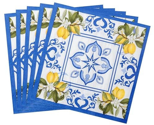 CharmBurst 40 Pièces Serviettes en Papier Citron Jaune Bleu, Serviettes Décoratives Estivales, Serviettes Jetables Rondelles de Citron, Serviettes Vaisselle Citron Extérieur