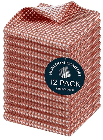 HEIRLOOM COMFORT 12 Pack Dual Tone Reversible Waffle Weave Dish Cloth, 30x30 cm, 100% Cotton, Absorbent Dishcloth Set, Quick Drying, Durable for Cleaning, Wiping, Machine Washable, Rust
