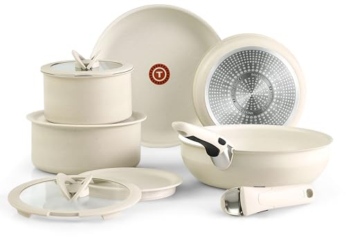 T-fal Ingenio Essentials Cookware Set with Detachable/Removable Handle 11 Piece, Granite Titanium Non Stick, Induction, Oven Broiler Safe 500F, Stackable, Pots and Pans Set, RV Camping, Fry Pans Beige
