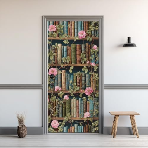 Türaufkleber Bücherregal, Selbstklebend Türposter Bücher Retro Blume Pfingstrose, 77x200cm Türtapete, PVC Wasserdicht Abnehmbare Deko Türfolie Wandtattoo Für Schlafzimmer Wohnzimmer