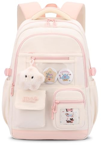 Tanou Rucksack Mädchen Schule, Wasserabweisend Groß Schultasche Kinder | Modische Schulrucksack Teenager mit Stern-Anhänger für die Grund- und Sekundarschule, Rosa