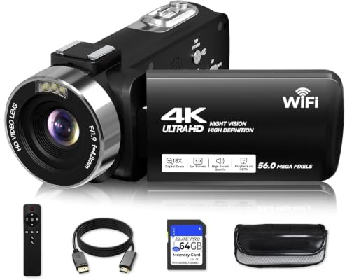 Videokamera, 4K Camcorder 56MP Digitaler Videorecorder 18X Zoom 3 Zoll 270° Drehung Touchscreen IR Nachtsicht, Wifi Vlogging-Kamera für YouTube 64GB Karte Anti-Shake Fernbedienung Kamera Tasche