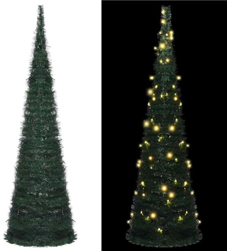ACAGALA - Albero di Natale artificiale pop-up a lamiera da 150 cm con illuminazione, albero di Natale stretto con 100 LED bianco caldo, verde, pieghevole, artificiale e sottile per Natale, casa