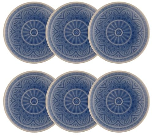 BUTLERS 6er Set Teller Steinzeug - SUMATRA - Spülmaschinenfest | Farbe Blau - ø 14 cm - Kuchenteller für Kuchen & Desserts - Dessertteller für Snacks & Gebäck - Reliefdekor