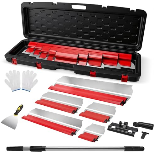 5 teiliges Flächenspachtel, Spachtel Werkzeug 25/40/60/80/100cm | mit Ersatzklingen&Handschuhe tragen & 81cm Teleskopstange, Multifunktionales Glättungsspatel Kit für Trockenbau & Verputzer